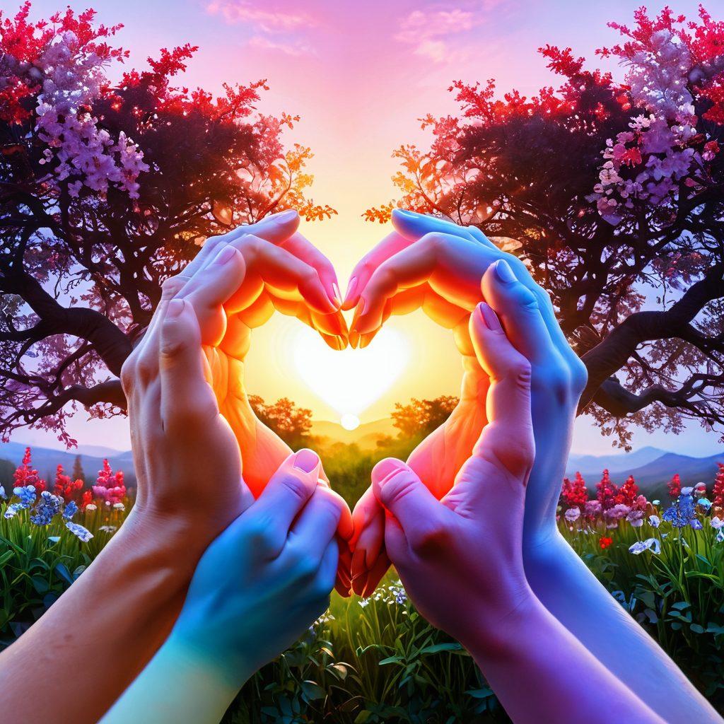 A colorful heart made of intertwined hands in various shades, symbolizing diverse expressions of love and affection. Soft glowing light surrounds the heart, signifying warmth and intimacy. In the background, a gentle landscape with blooming flowers to promote a nurturing atmosphere. Include a couple sharing a tender moment in the foreground. vibrant colors. super-realistic.