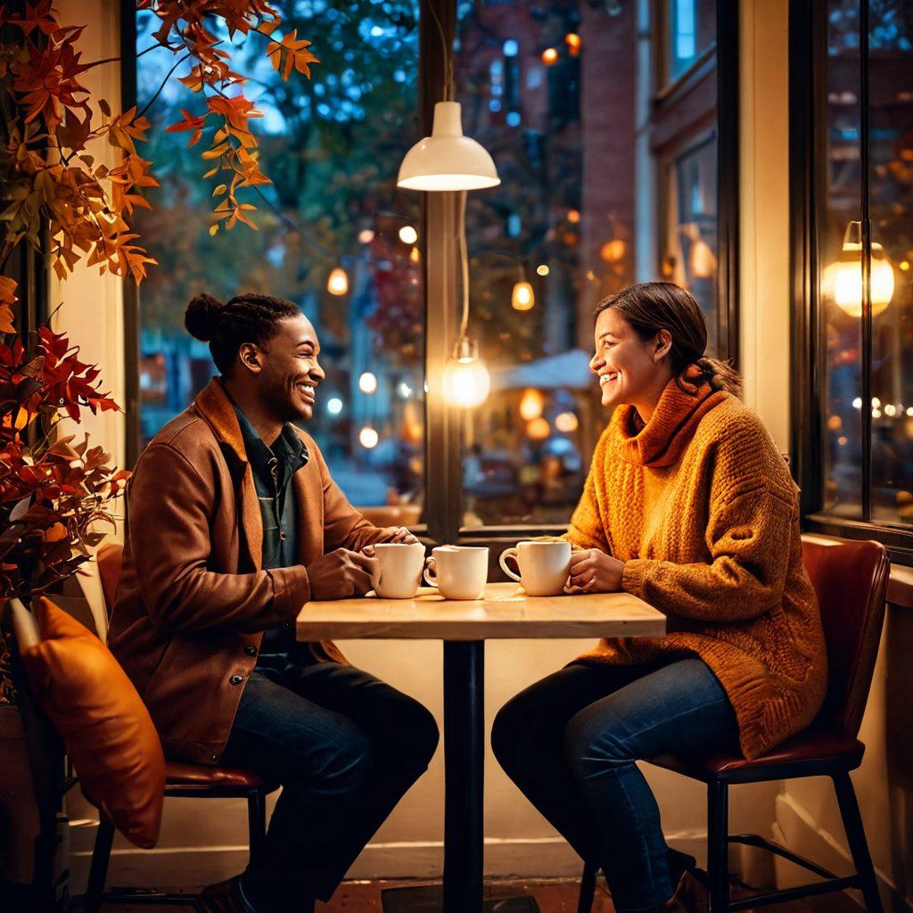 A heartwarming scene depicting two diverse partners sitting together at a cozy coffee shop, sharing a laugh over steaming mugs, surrounded by warm autumn colors and soft lighting. A subtle glow emanates from their hands, suggesting connection and trust. Elements of nature like falling leaves outside the window enhance the warmth of the indoor setting. super-realistic. warm tones. cozy atmosphere.