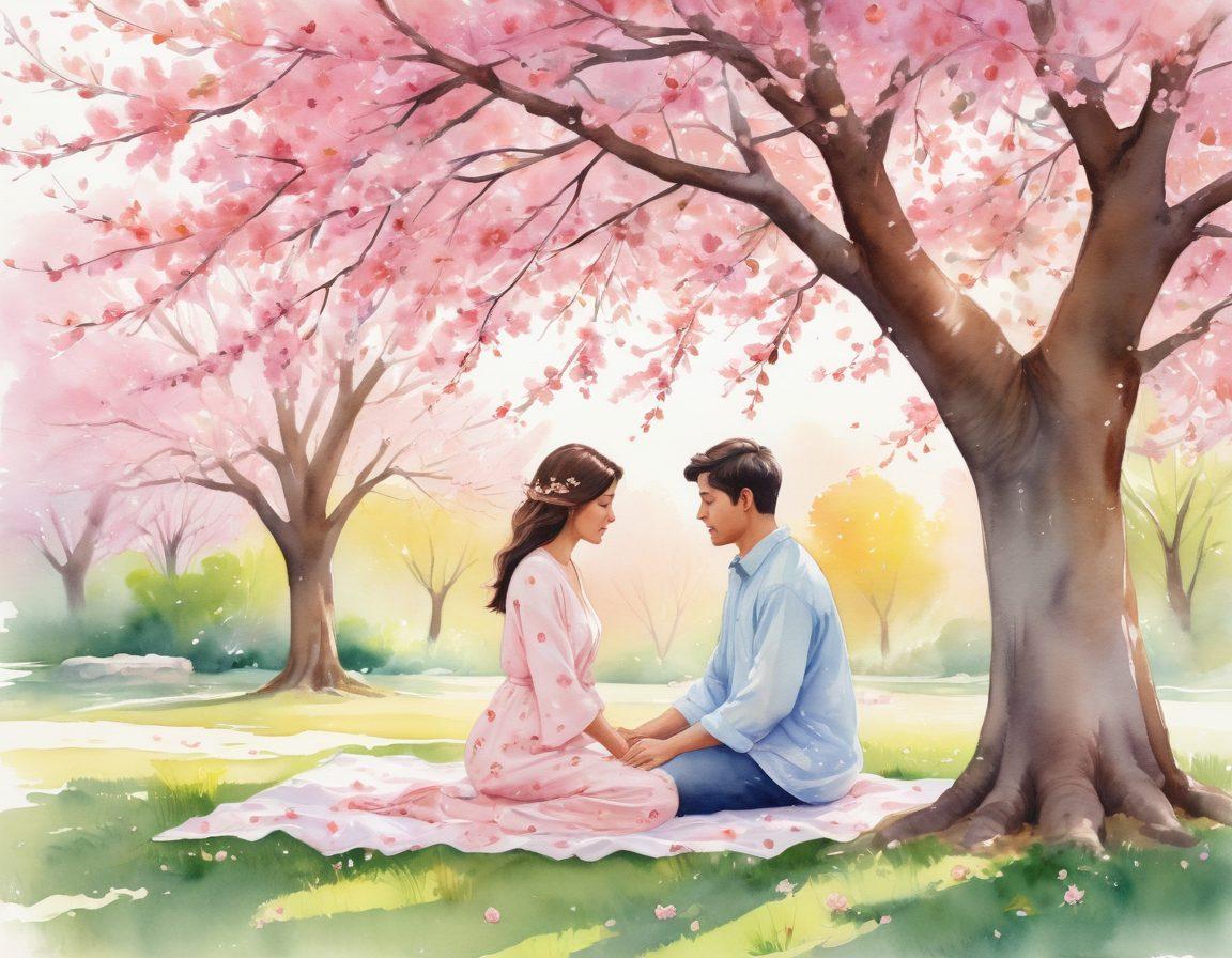 A serene scene depicting a couple in a cozy park, sharing a heartfelt moment under a blooming cherry blossom tree, surrounded by soft pastel colors. Their expressions show deep compassion and tenderness, with warm sunlight filtering through the leaves, creating a dreamy atmosphere. Include subtle floating hearts in the background to symbolize love. watercolor illustration. vibrant colors. soft focus.
